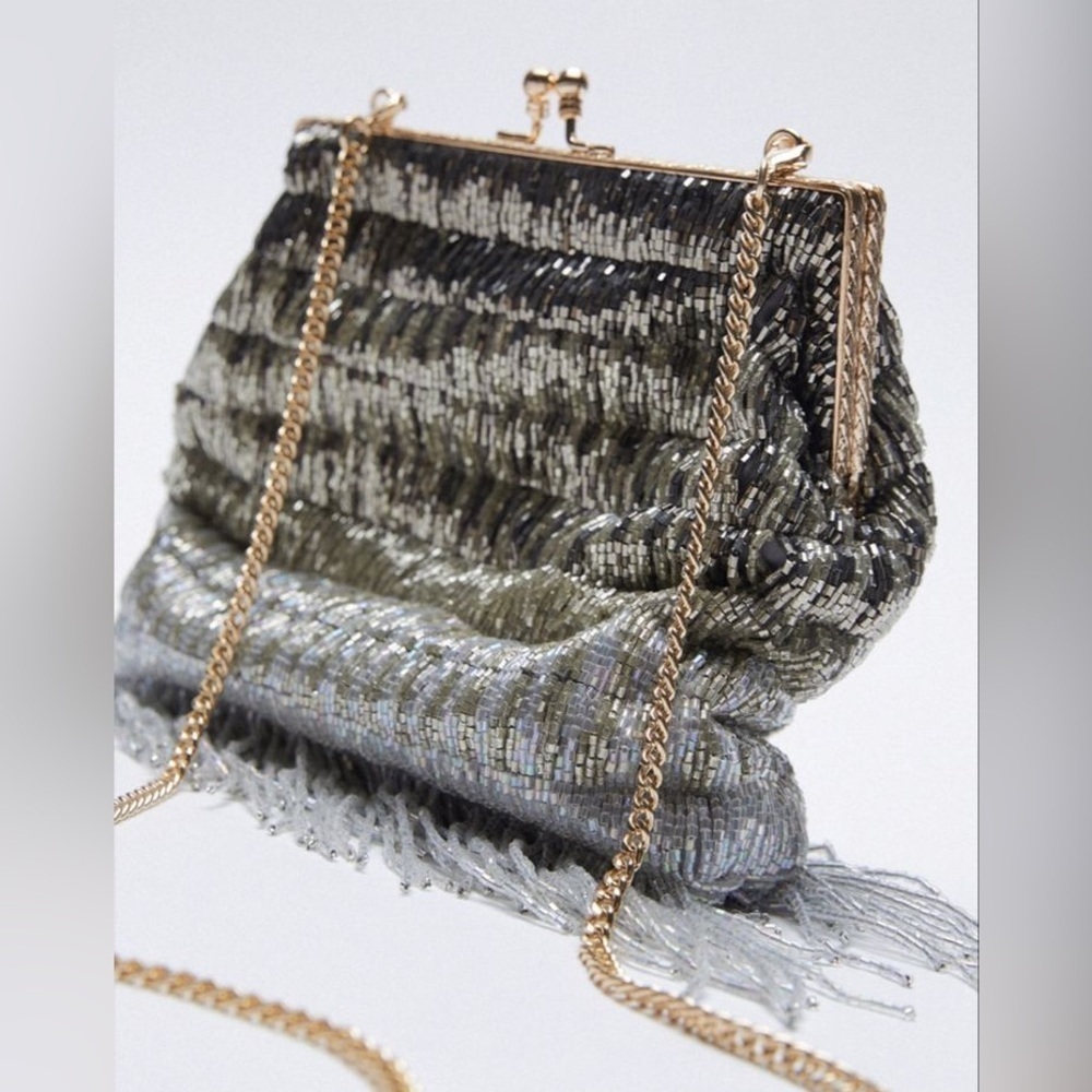Zara Multi Color Heavily Beaded Fringe Evening Shoulder Bag Hand Pouch Pouch